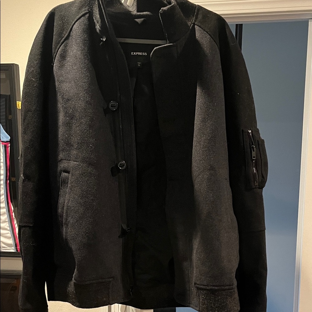 Express Men's Black / Gray Wool Bomber Jacket Size XL